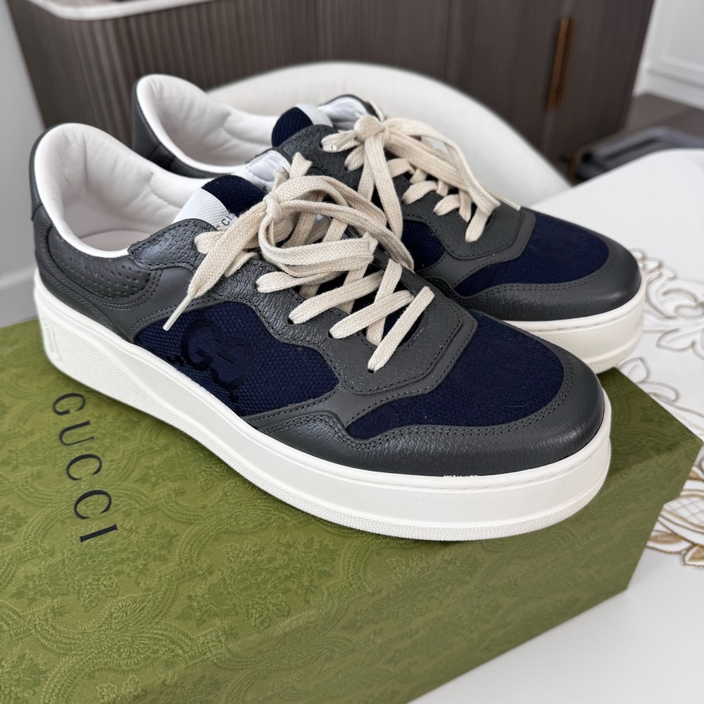 Gucci Men's Gray & Navy Chunky Low-Top Sneakers Jumbo GG Canvas with Leather 9.5
